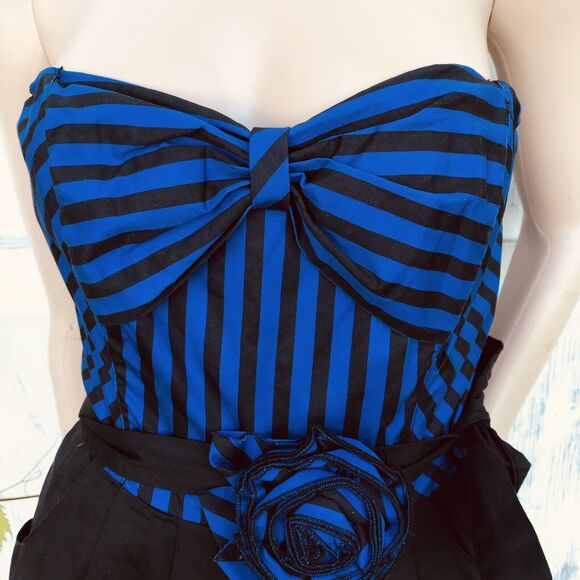 Anthropologie Chorus Girl Romper Maeve Black Blue Stripe Strapless Sz 6 M Retro - Picture 5 of 13